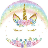 Lofaris Colored Flower Unicorn Round Happy Birthday Backdrop